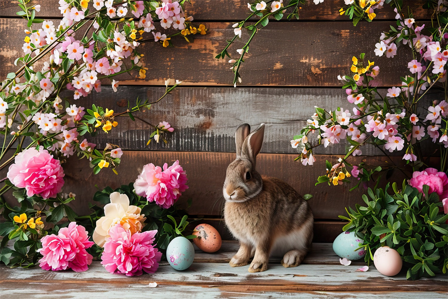 Fond Studio Photo Pâques Fleurs Roses Lapin Bois Rustique BRP12-421