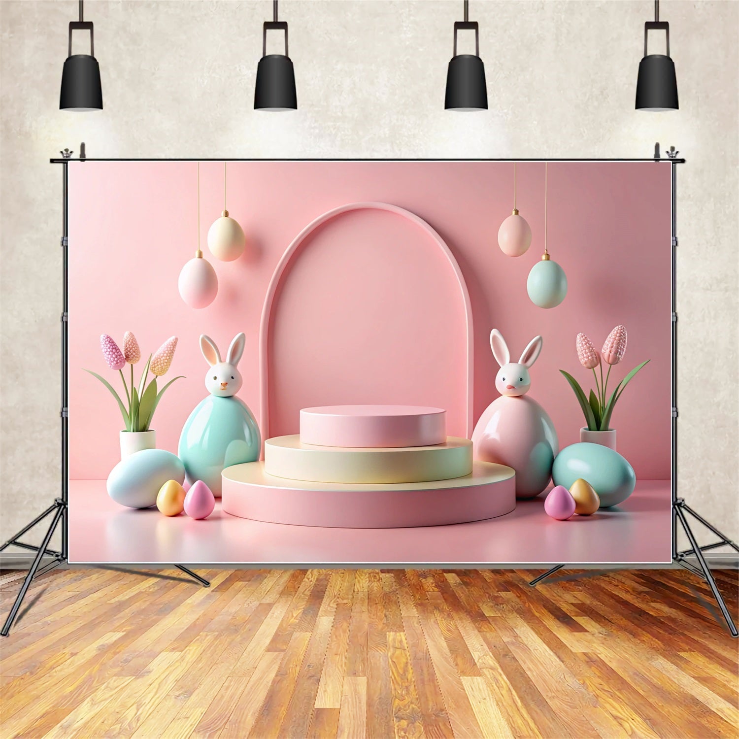 Fond Studio Photo Pâques Arche Rose Décor Lapin BRP12-429