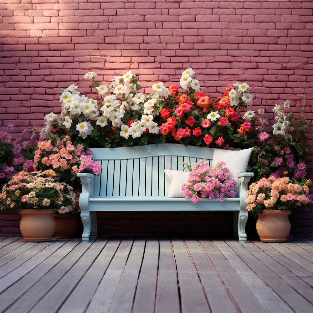 Fond Photo Printemps Élégant Banc Floral Mur de Briques BRP12-457