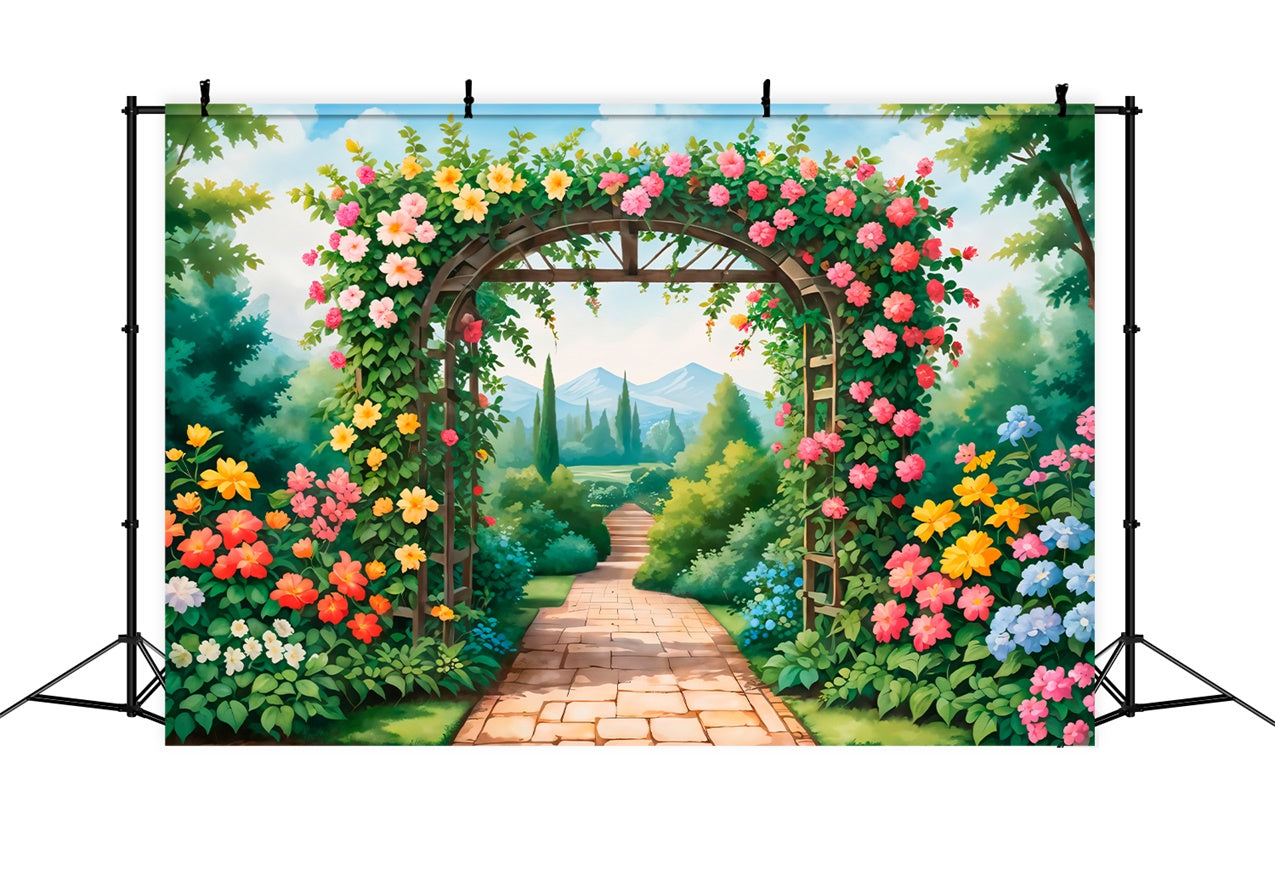 Toile de fond Printemps Jardin Fleuri Sentier Fleurs Vives BRP12-476