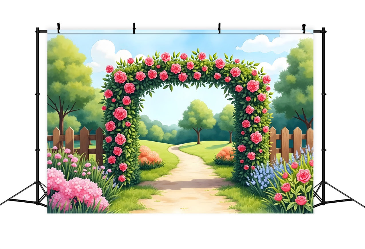 Fond Paysage Printemps Jardin Fleuri Sentier Roses Roses BRP12-477