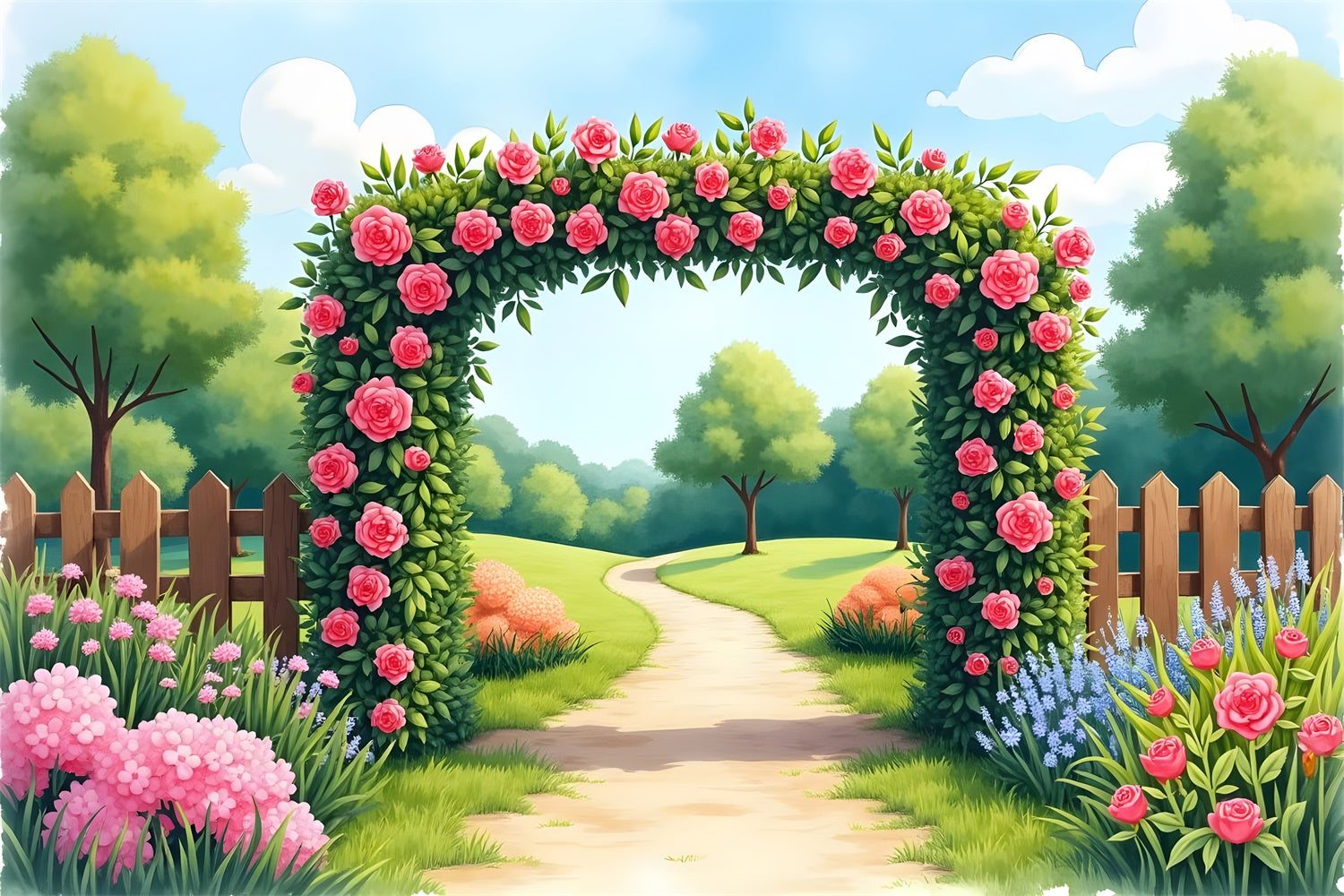 Fond Paysage Printemps Jardin Fleuri Sentier Roses Roses BRP12-477