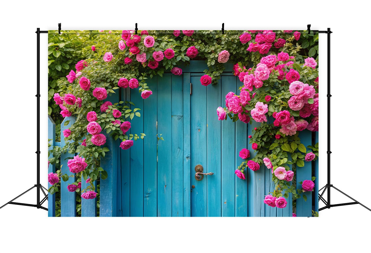 Fond Paysage Printemps Roses Roses Portail Bleu Vintage BRP12-489