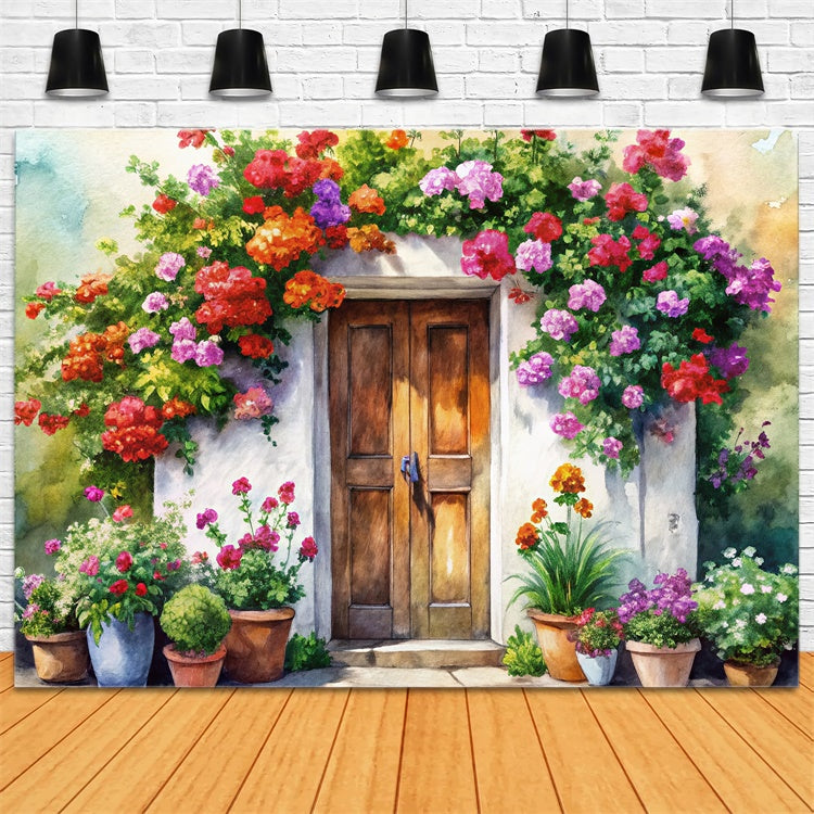 Fond Photo Printemps Porte de Cottage Peinte Main Florale BRP12-499