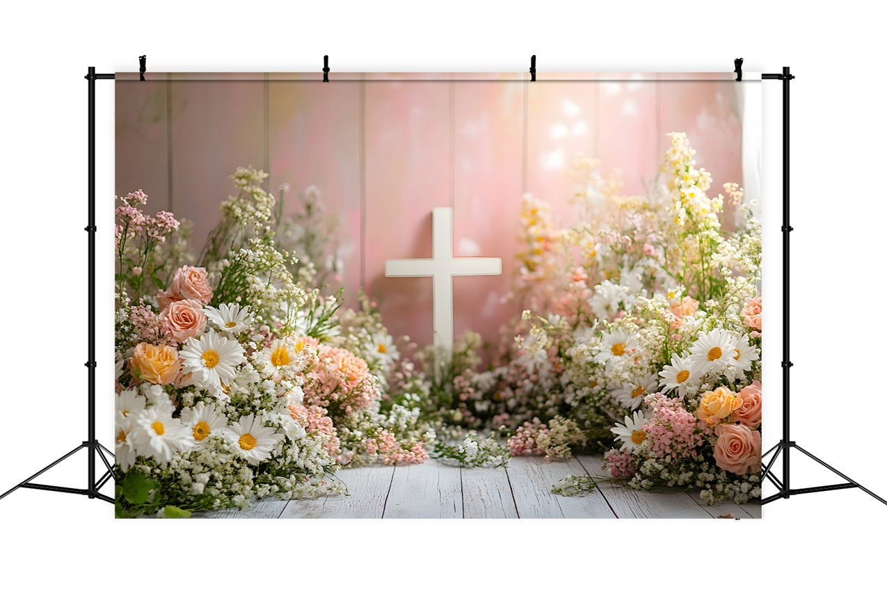 Toile de fond Photo Printemps Fleurs Pastel Croix Blanche BRP12-510