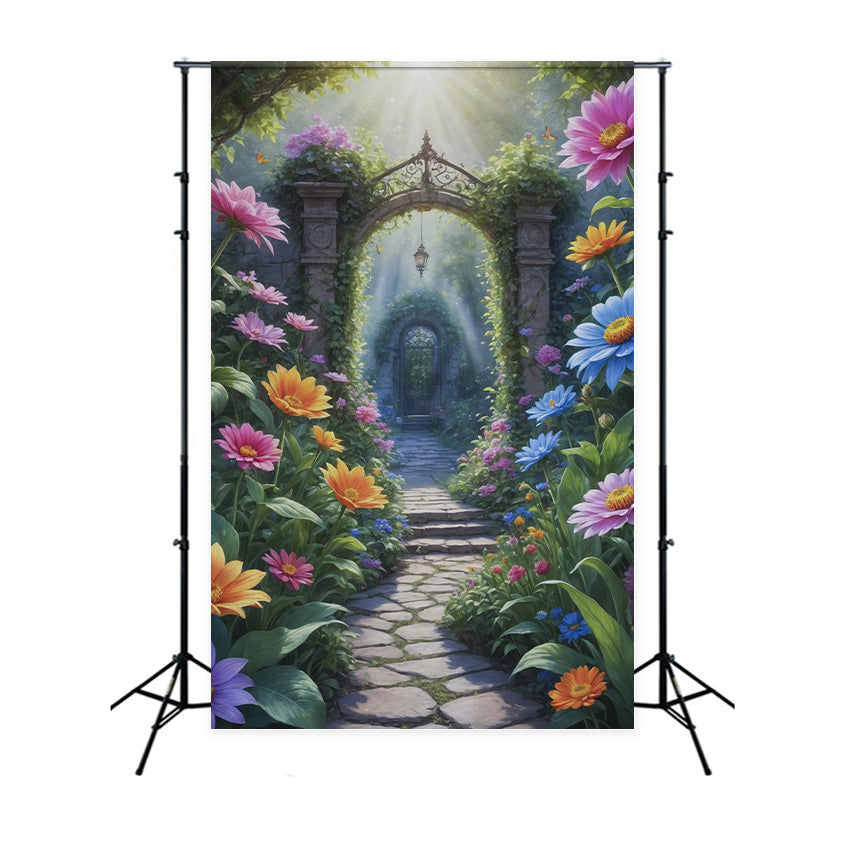 Toile de fond Printemps Jardin Fleuri Arche Sentier BRP12-518