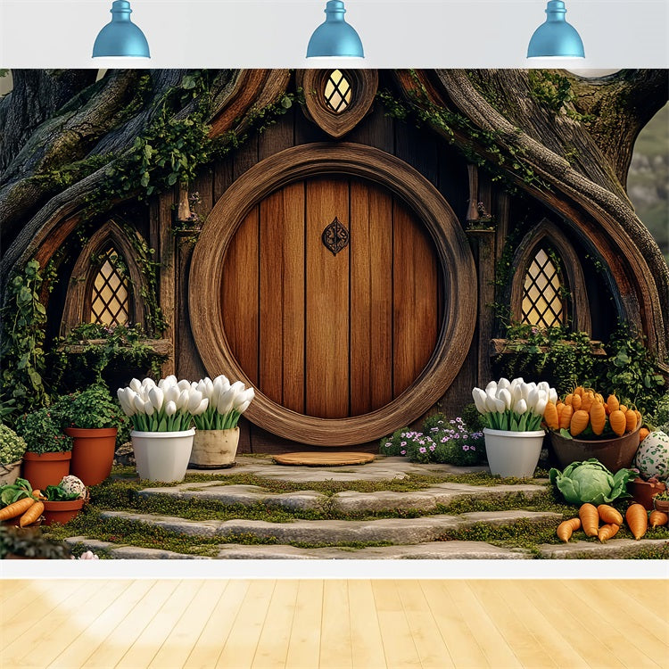 Fond Studio Photo Pâques Cottage Forestier Porte Ronde Jardin BRP12-728