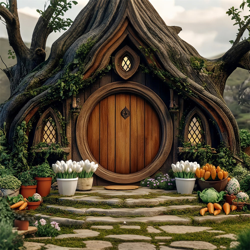 Fond Studio Photo Pâques Cottage Forestier Porte Ronde Jardin BRP12-728