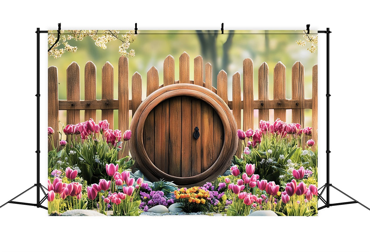 Fond Studio Photo Pâques Jardin de Tulipes Clôture Rustique BRP12-729