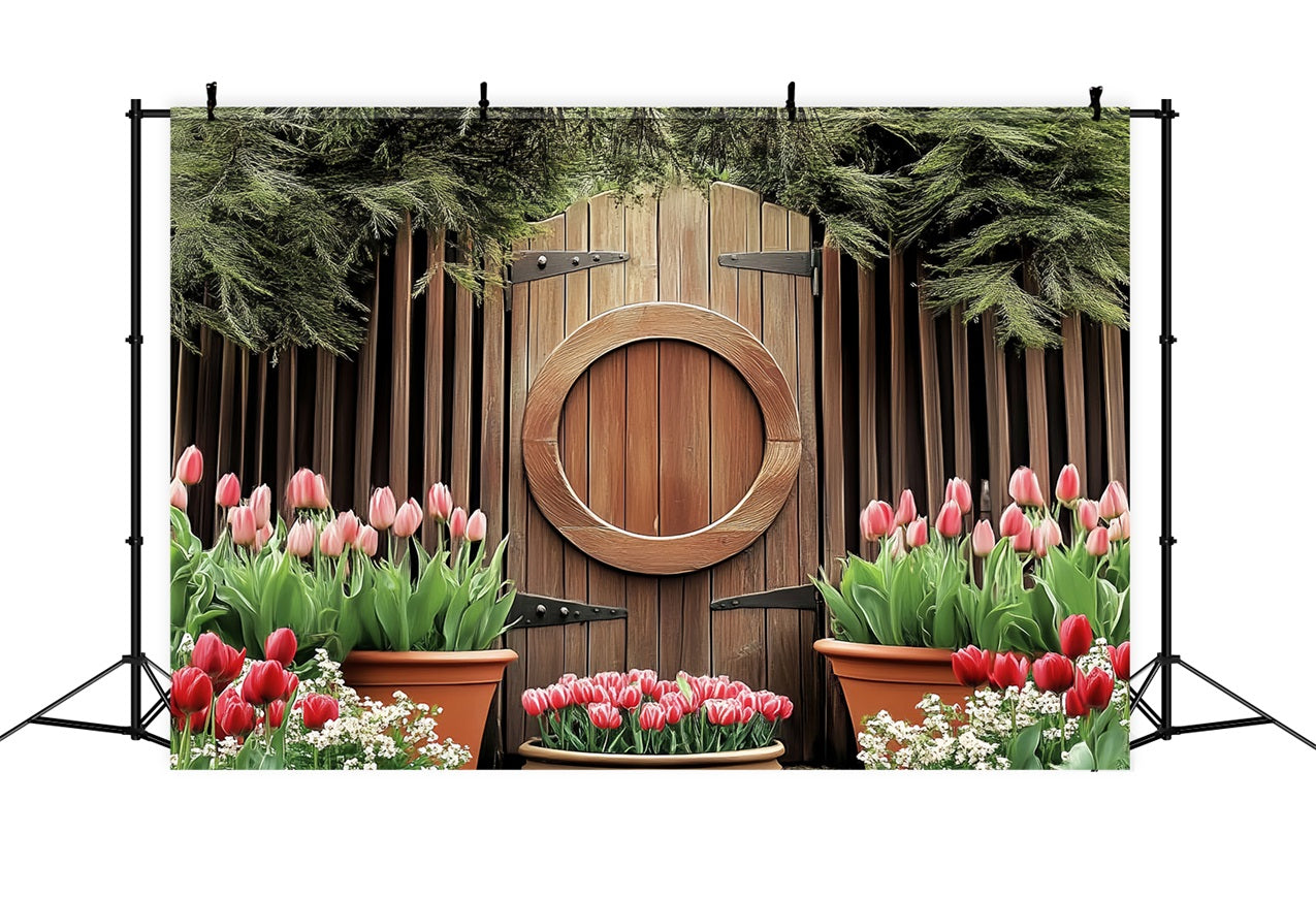 Fond Studio Photo Pâques Porte Circulaire en Bois Tulipes En Fleurs BRP12-730