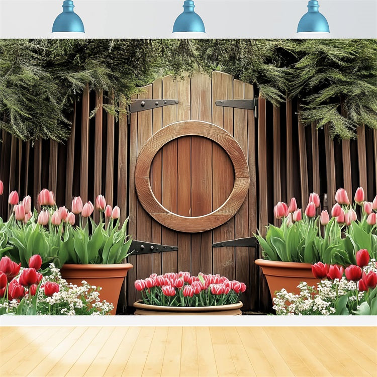 Fond Studio Photo Pâques Porte Circulaire en Bois Tulipes En Fleurs BRP12-730