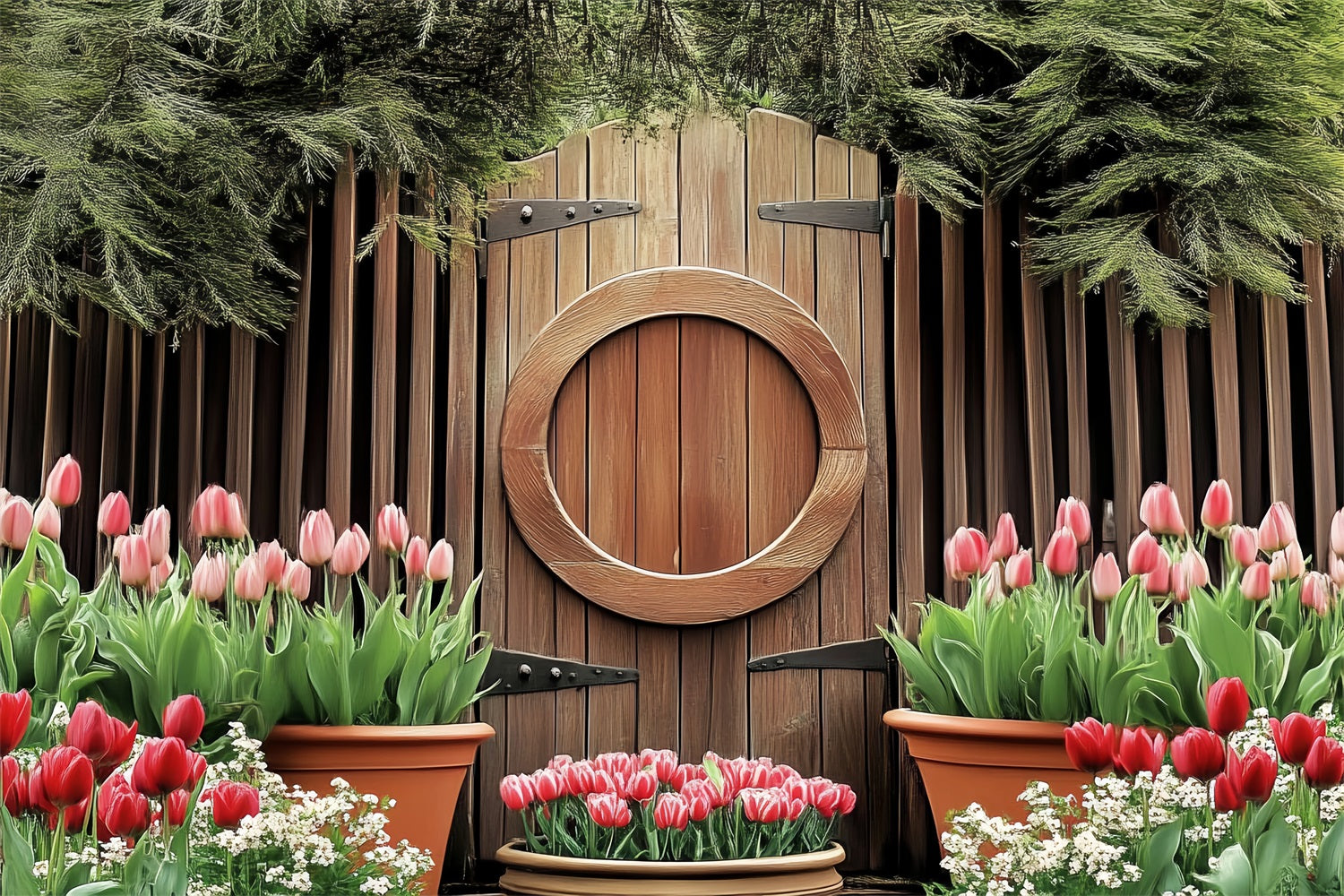 Fond Studio Photo Pâques Porte Circulaire en Bois Tulipes En Fleurs BRP12-730