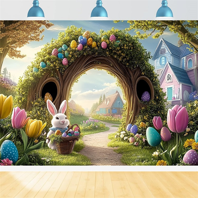 Toile de fond Pâques Œuf Tulipes Vibrantes Jardin Lapin BRP12-737