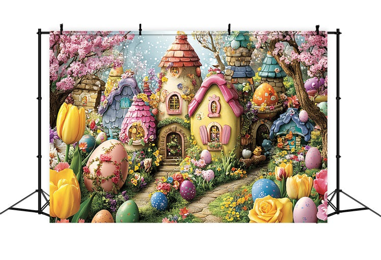 Toile de fond Pâques Œuf Coloré Village Conte de Fées BRP12-743