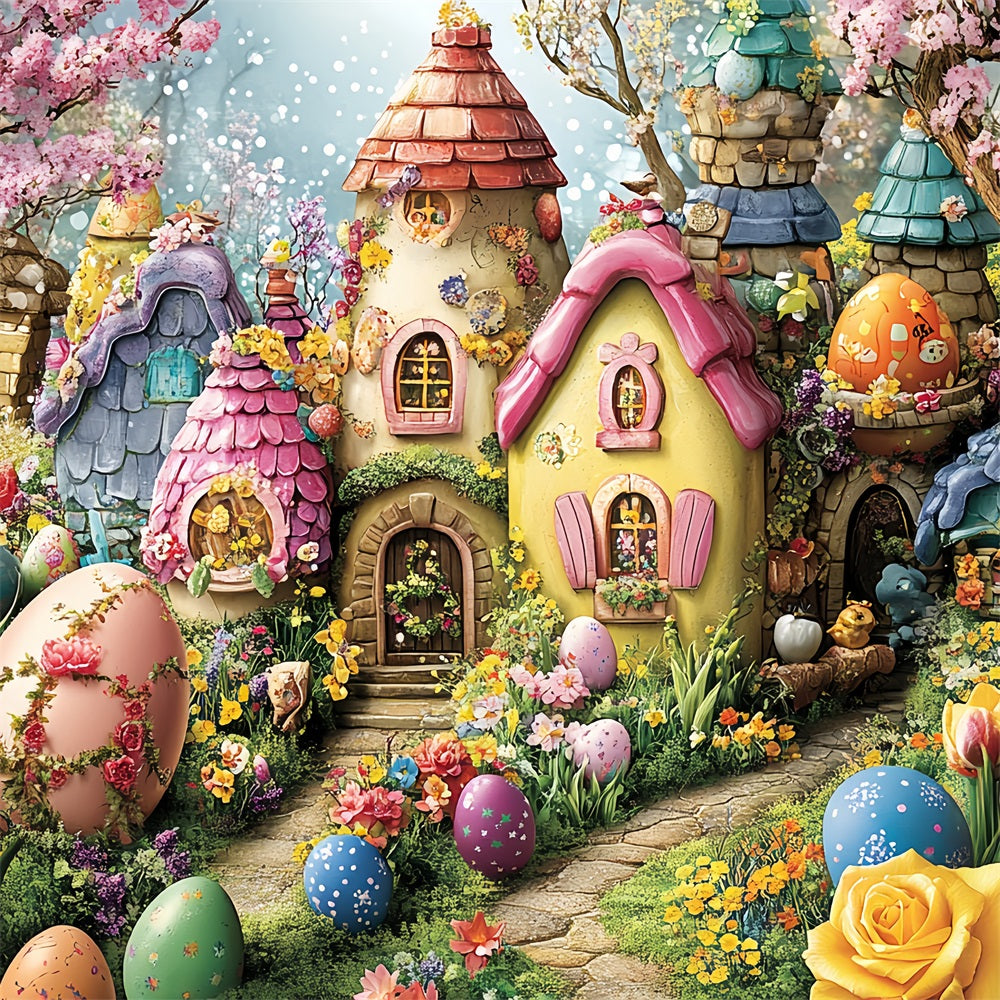 Toile de fond Pâques Œuf Coloré Village Conte de Fées BRP12-743
