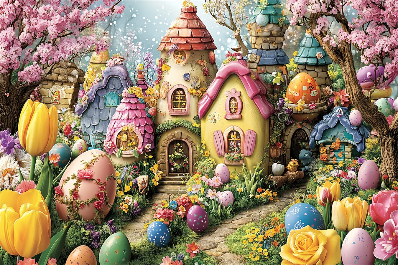 Toile de fond Pâques Œuf Coloré Village Conte de Fées BRP12-743