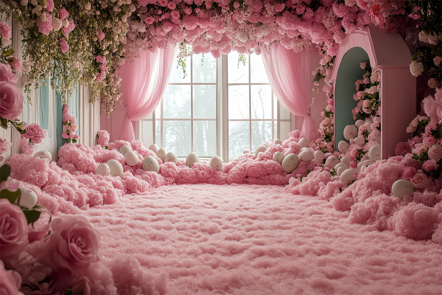 Toile de fond Pâques Fenêtre Œufs Roses BRP12-751