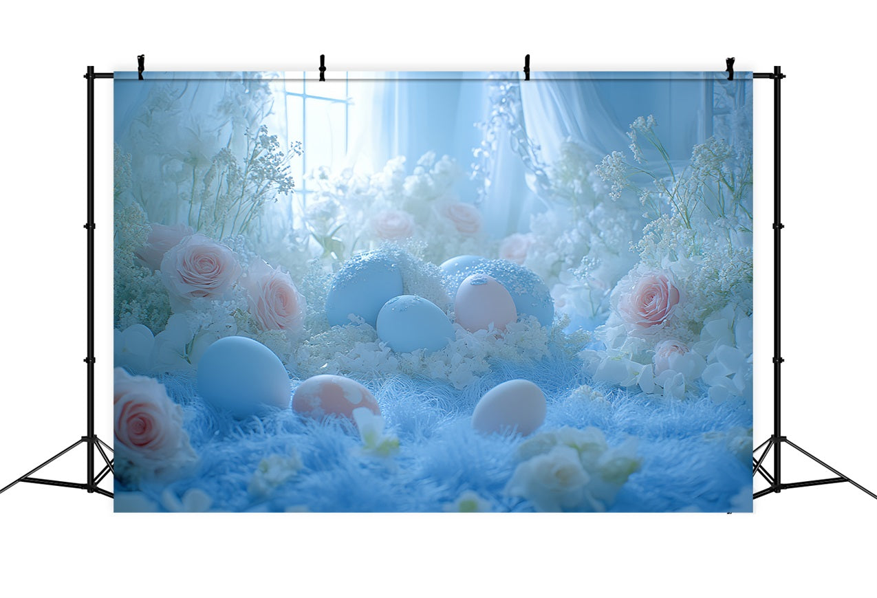 Toile de fond Pâques Fenêtre Œufs Fleurs Bleues BRP12-752