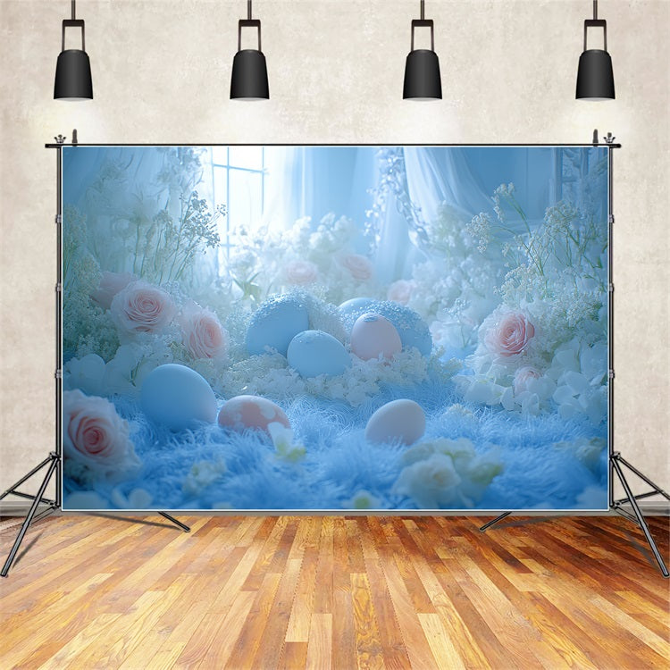 Toile de fond Pâques Fenêtre Œufs Fleurs Bleues BRP12-752