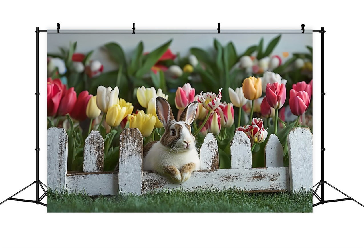 Toile de fond Déco Pâques Lapin Tulipes Clôture Rustique BRP12-757