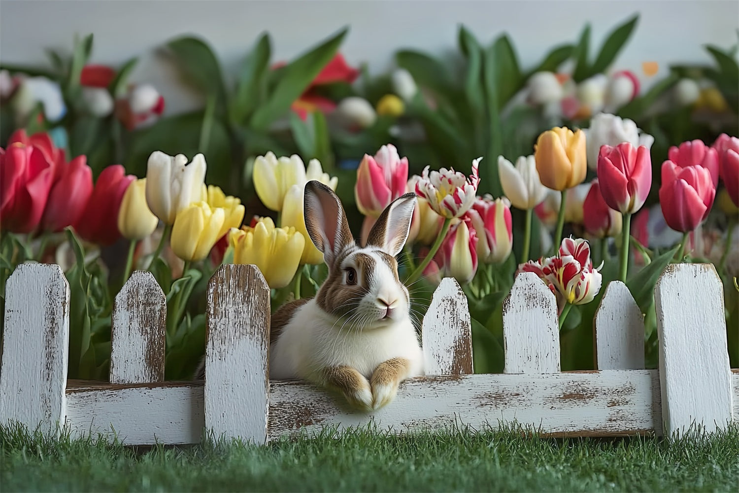 Toile de fond Déco Pâques Lapin Tulipes Clôture Rustique BRP12-757