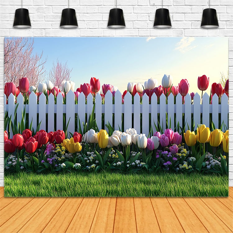 Toile de fond Pâques Clôture Blanche Jardin de Tulipes BRP12-758