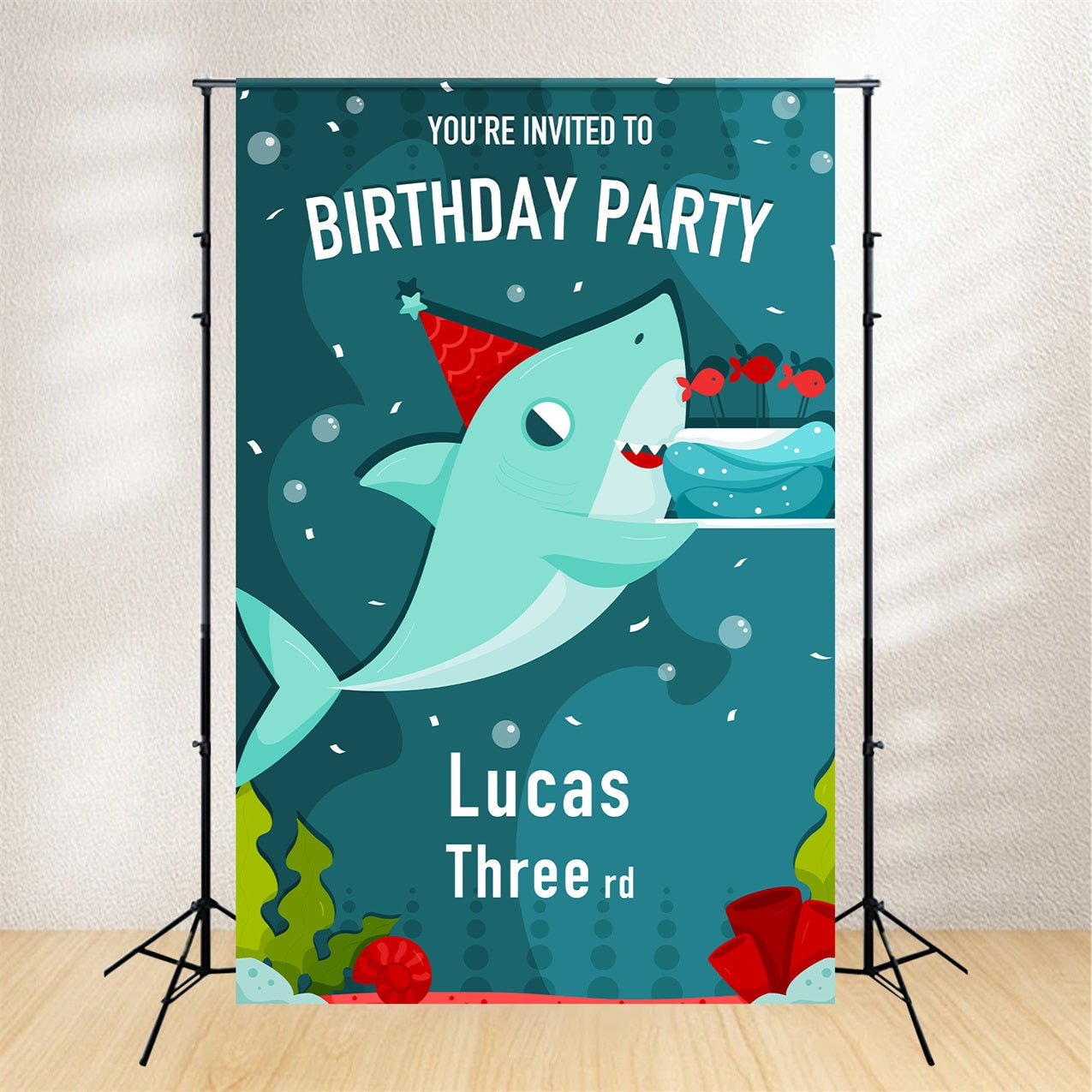 Toile de fond Anniversaire Personnalisable 3e Dessin Animé Requin BRP2-107