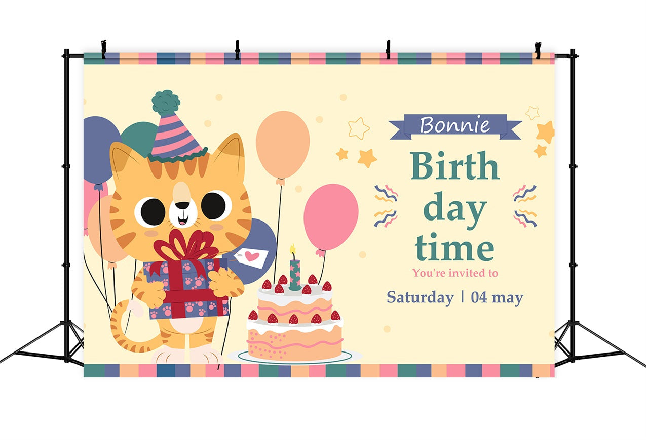 Toile de fond Anniversaire Personnalisable Chat Ballons Cadeaux Fête BRP2-110