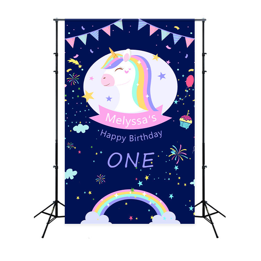 Toile de fond Anniversaire Personnalisable 1er Licorne Arc-en-ciel Étincelant BRP2-113