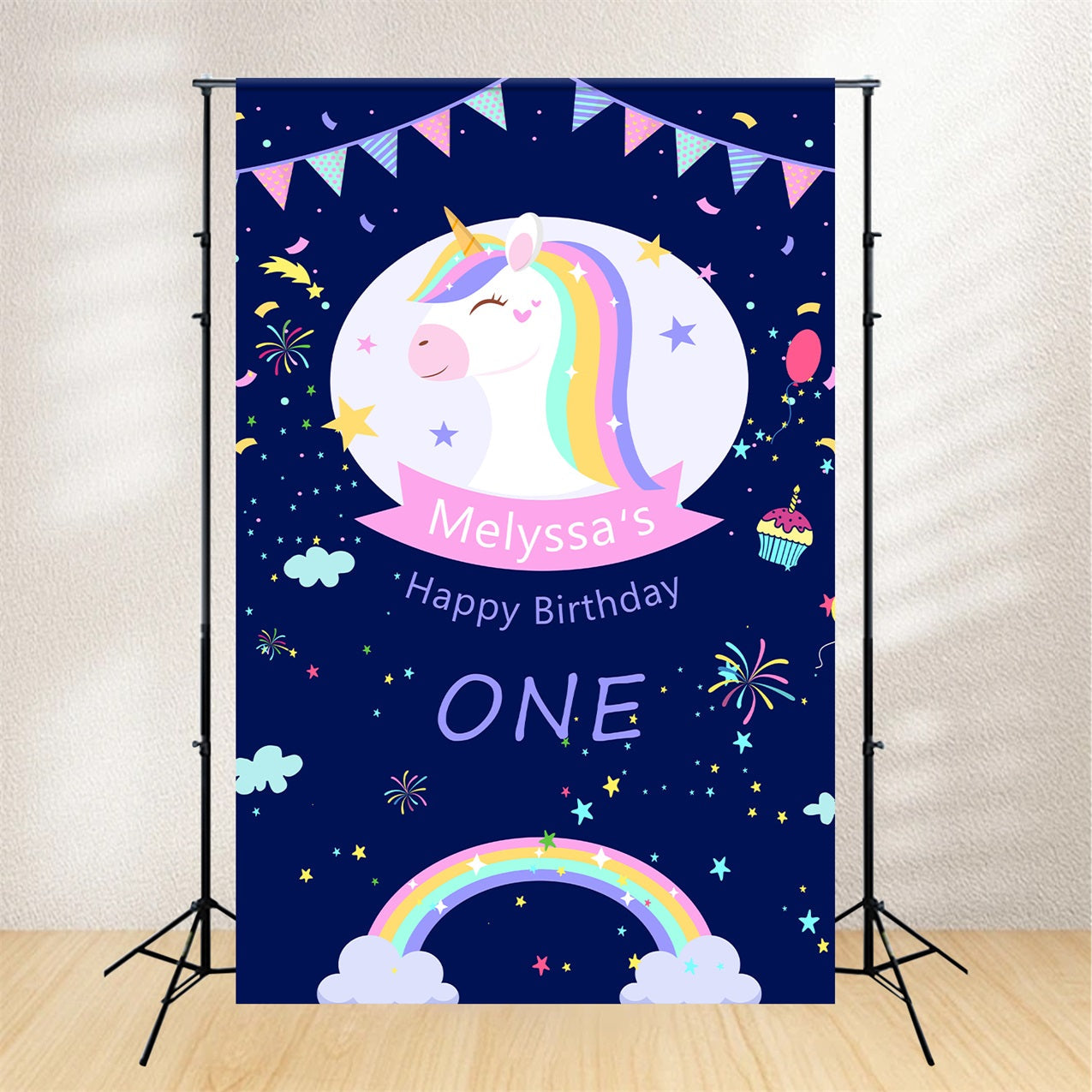 Toile de fond Anniversaire Personnalisable 1er Licorne Arc-en-ciel Étincelant BRP2-113