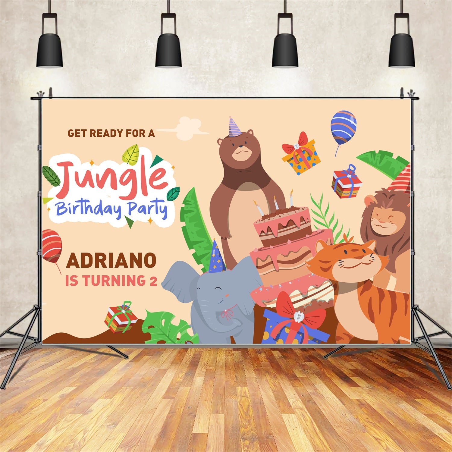 Toile de fond Anniversaire Personnalisable 2e Jungle Fête Amis Animaux BRP2-134