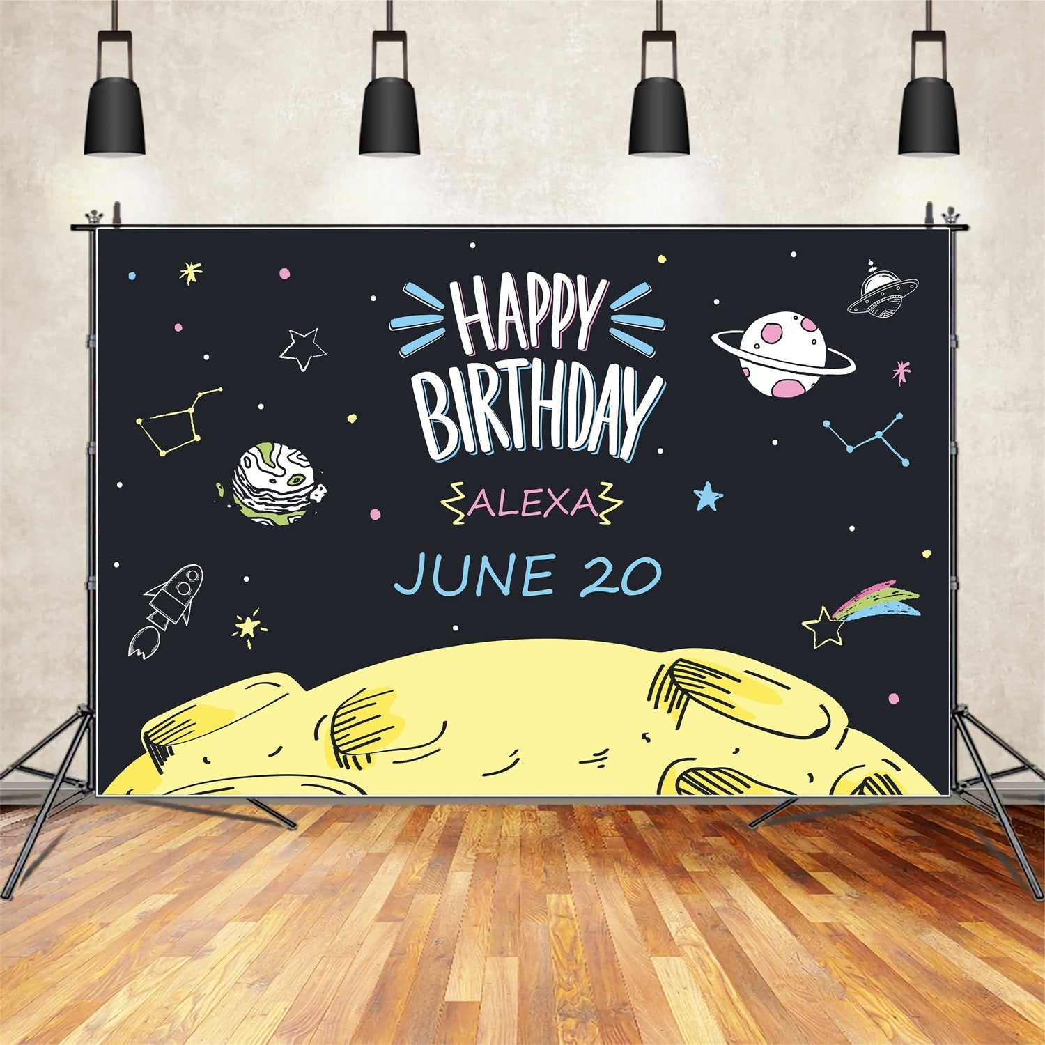 Toile de fond Anniversaire Personnalisable Dessin Animé Espace Coloré BRP2-139