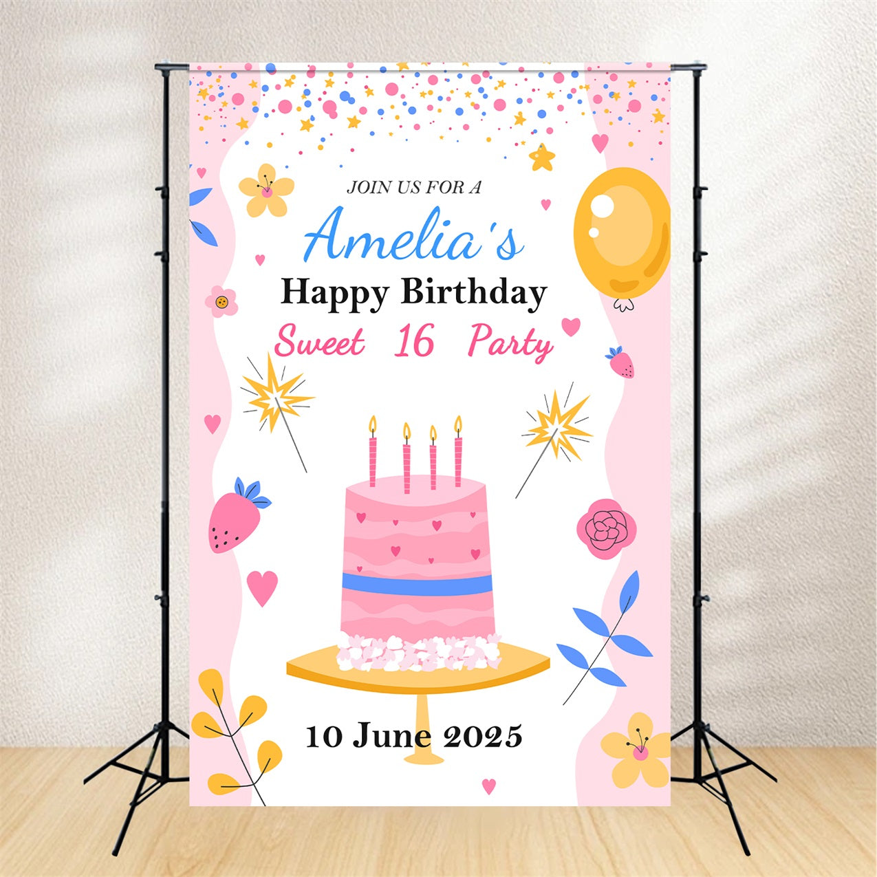 Toile de fond Anniversaire Personnalisable Sweet 16 Fête BRP2-160