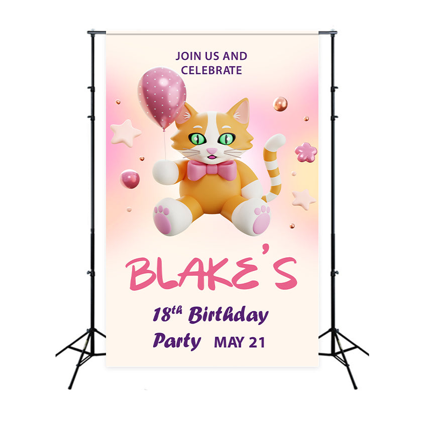 Toile de fond Anniversaire Personnalisable 18e Chat Ballon BRP2-170