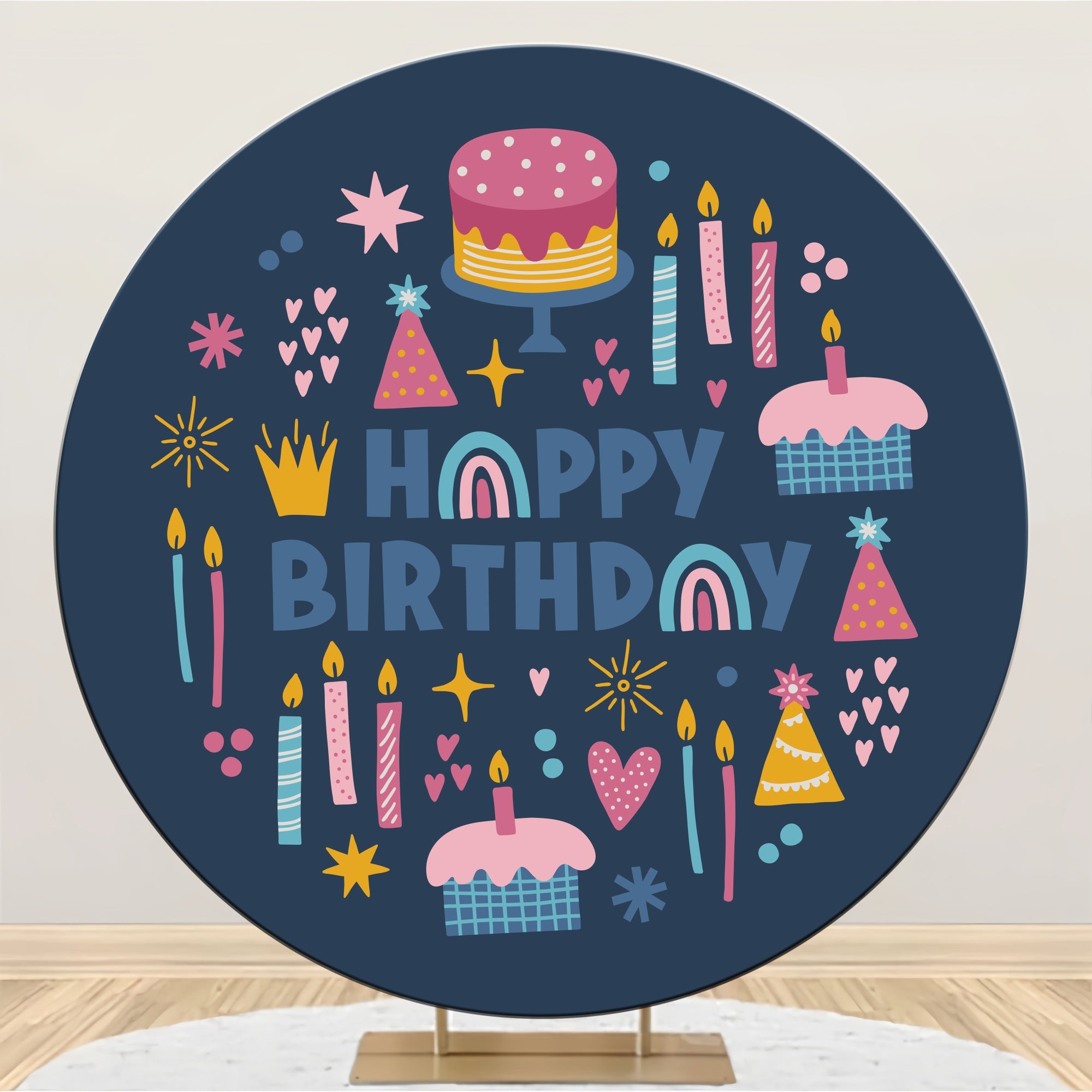 Toile de Fond pour Arche Ronde Gâteau Bougies Colorées Anniversaire Personnalisée BRP2-186