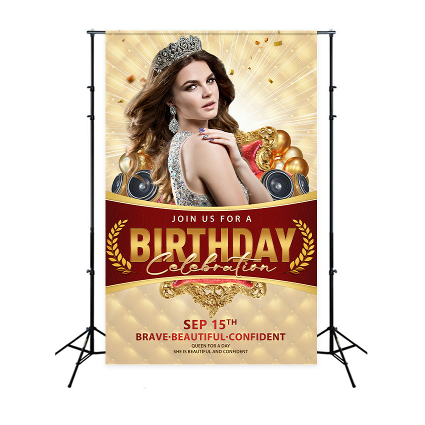 Toile de fond Anniversaire Personnalisable Reine Dorée Couronne Ballons BRP2-41