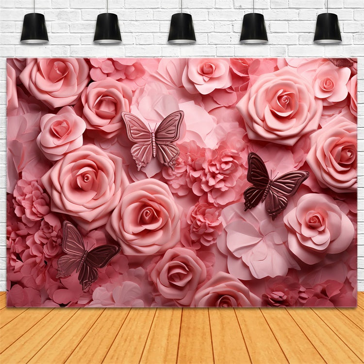 Fond Photo Floral Rose Douce Papillon BRP2-99