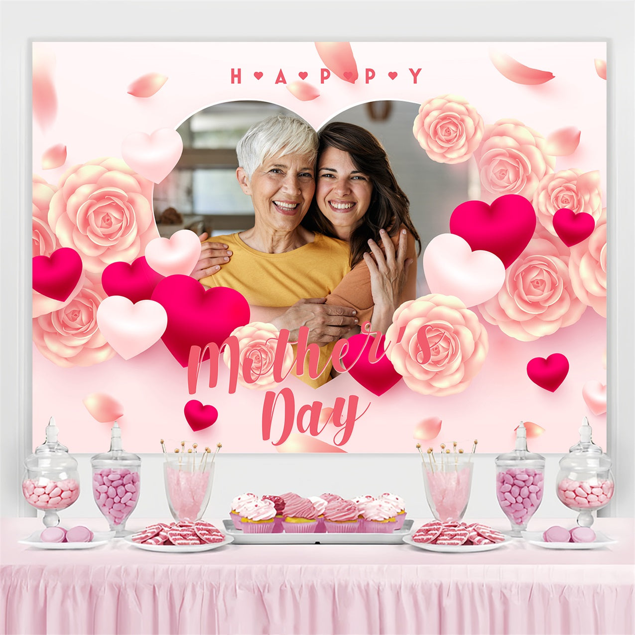 Toile de fond Fête des Mères Personnalisable Cœur Romantique Roses BRP3-124