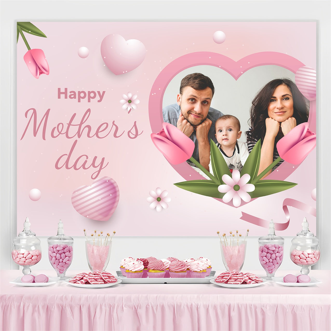 Toile de fond Fête des Mères Personnalisable Cœur Tulipe Famille BRP3-136
