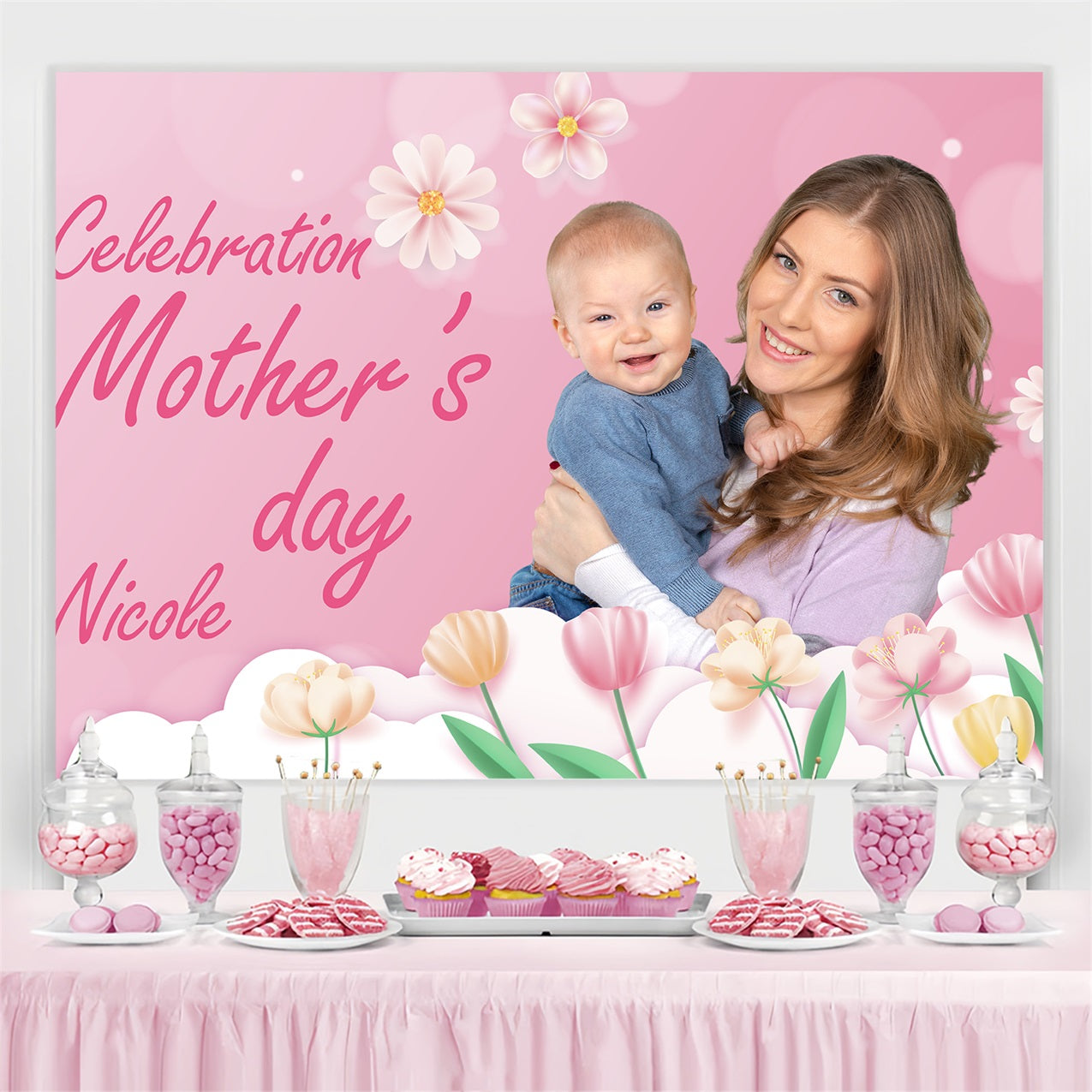 Toile de fond Fête des Mères Personnalisable Embrassement Floral Pastel BRP3-137