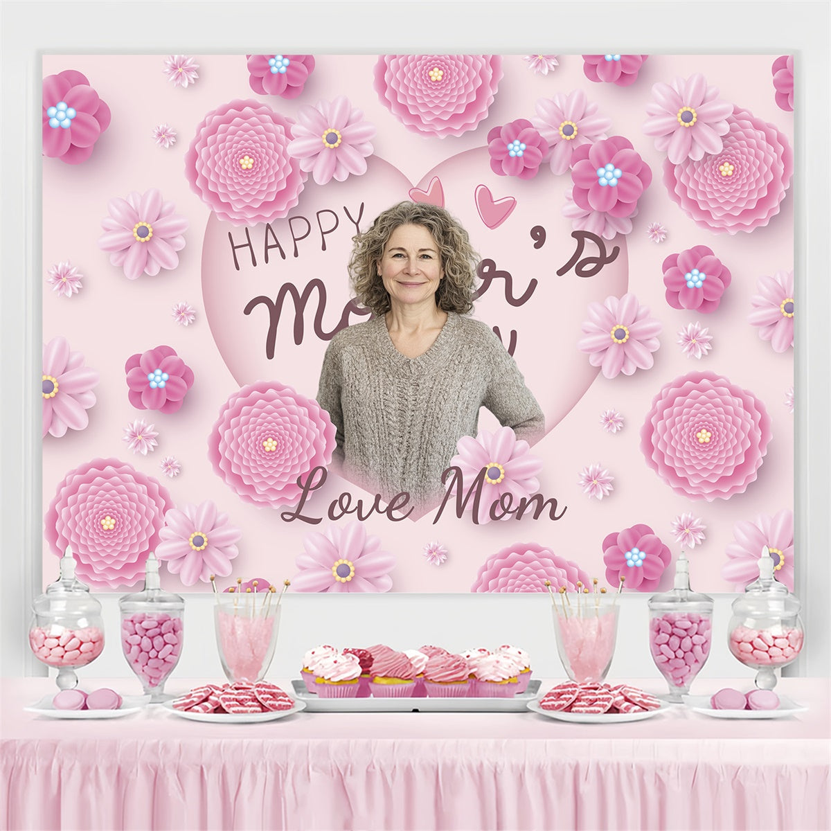 Toile de fond Joyeux Fête des Mères Personnalisable Douces Fleurs Roses BRP3-161