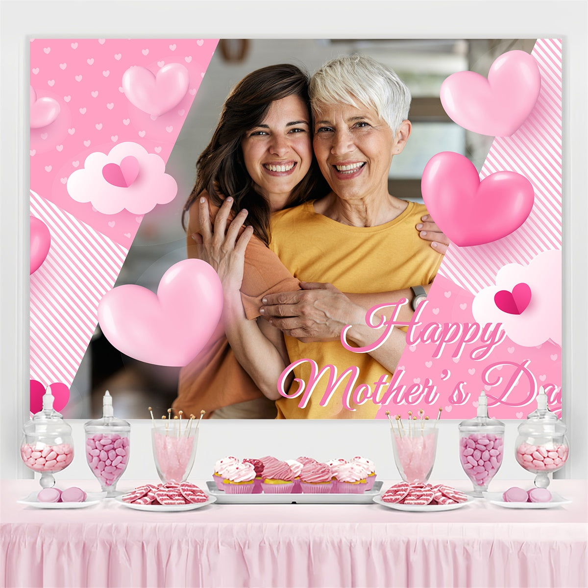 Toile de fond Fête des Mères Personnalisable Rayures Roses et Cœur BRP3-162