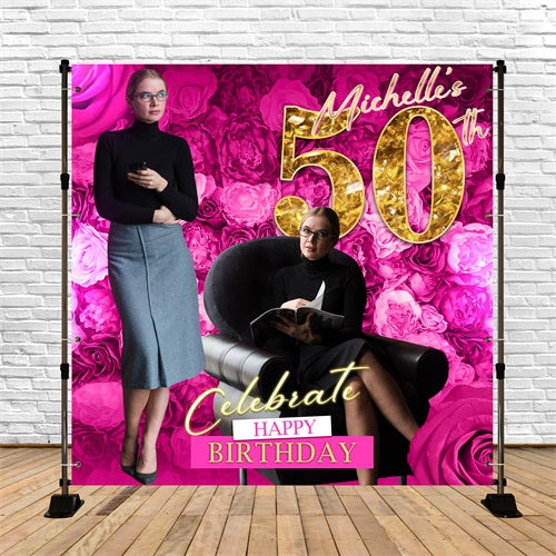 Toile de fond Anniversaire Personnalisé Fleurs Roses Élégantes 50e BRP5-101