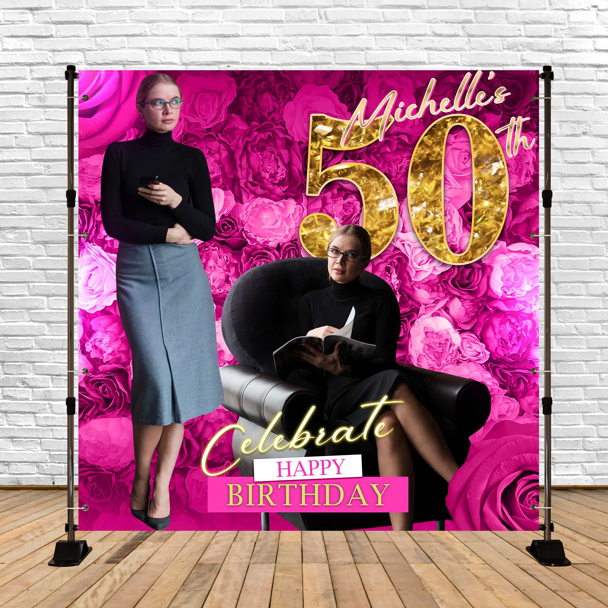 Toile de fond Anniversaire Personnalisé Fleurs Roses Élégantes 50e BRP5-101
