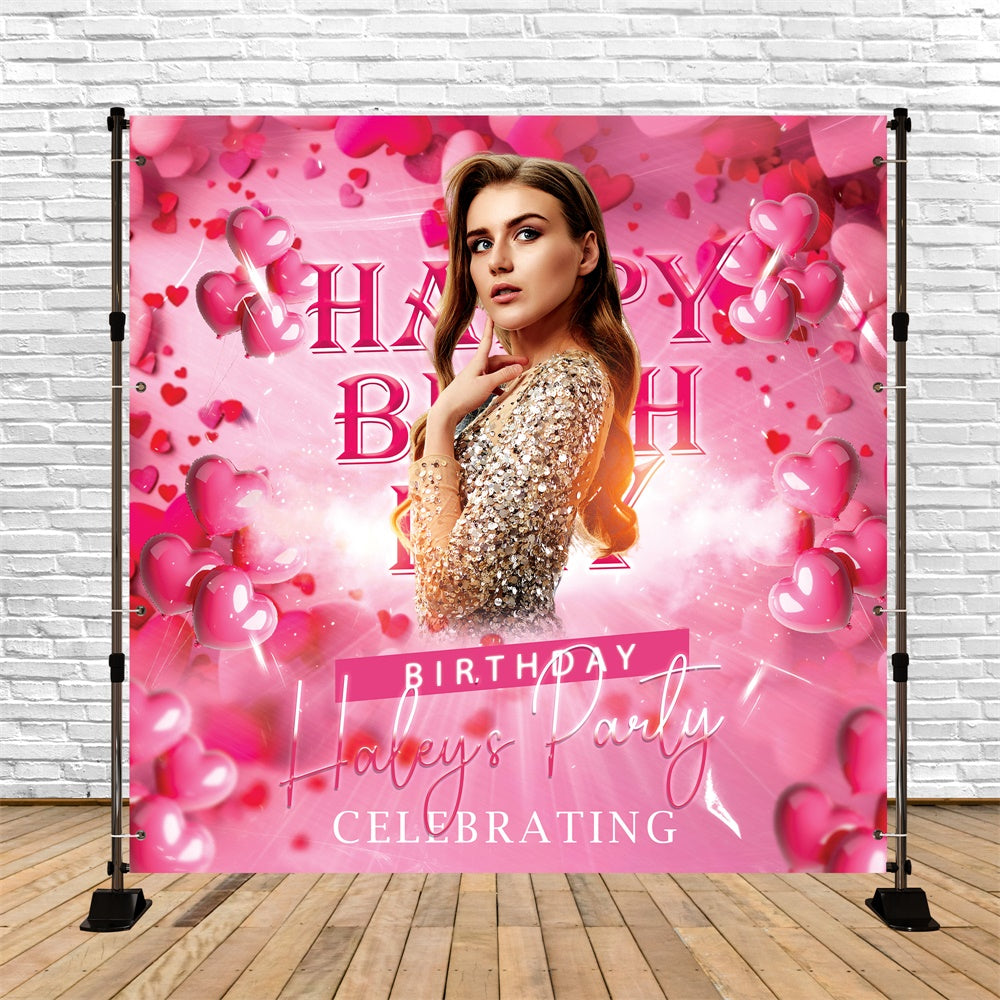 Toile de fond Deco Anniversaire Personnalisé Cœurs Scintillants et Ballons BRP5-102