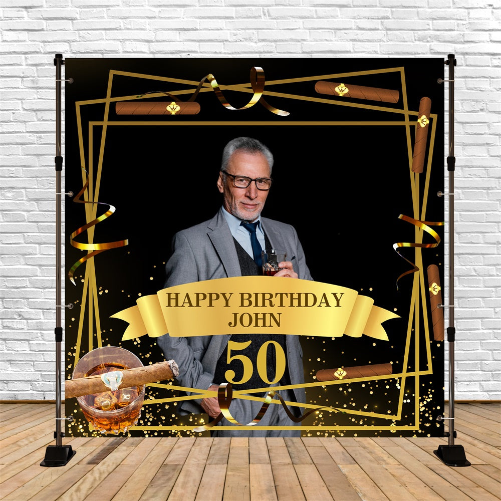 Toile de fond Deco Anniversaire Personnalisé Whisky et Cigare Or 50e BRP5-107