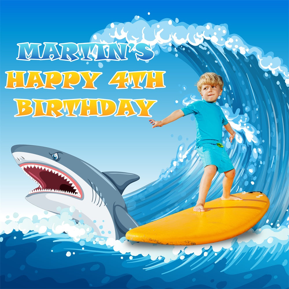 Toile de fond Deco Anniversaire Personnalisé Requins et Vagues Surf 4e BRP5-113