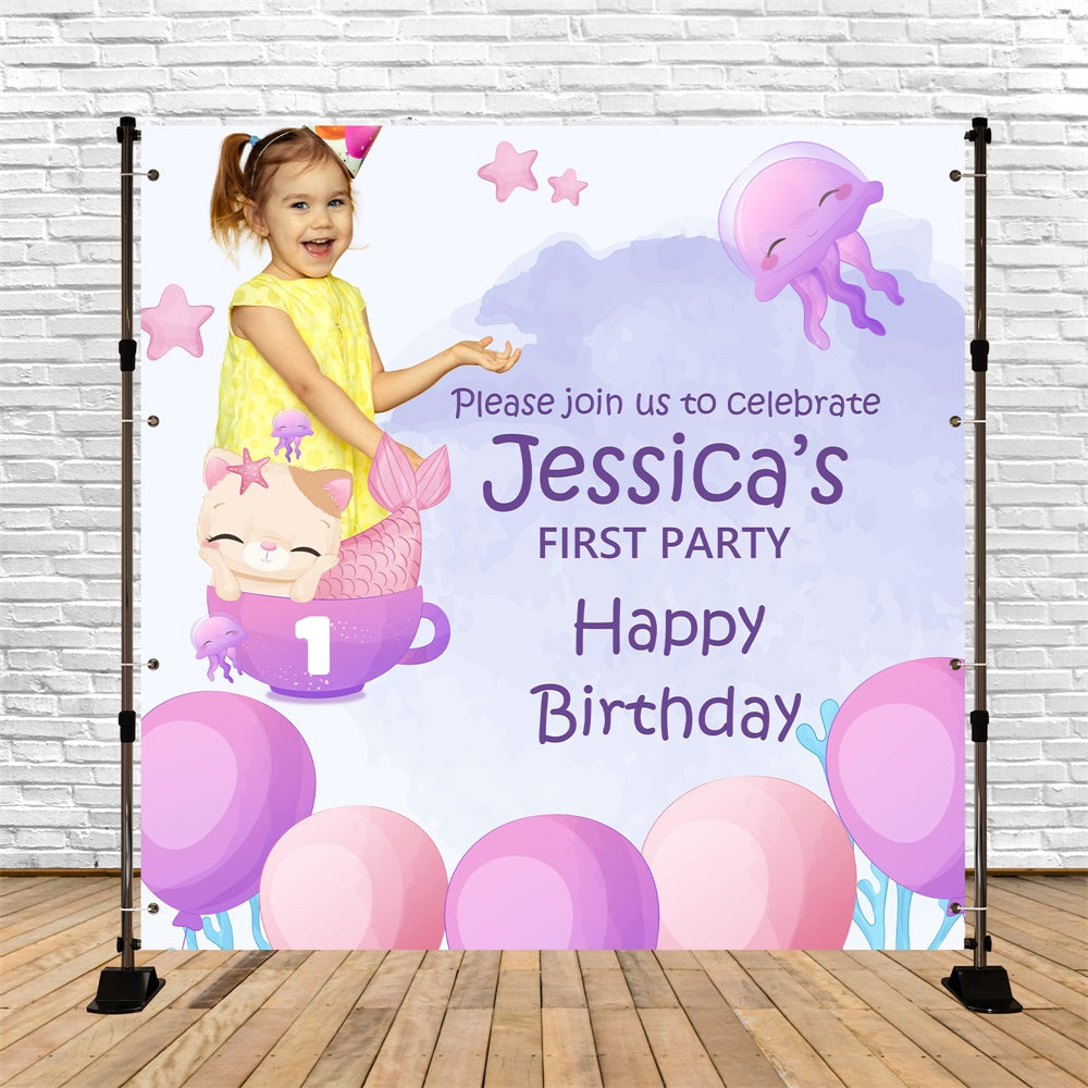 Toile de fond Personnalisable Anniversaire Méduse et Ballons Doux 1er BRP5-129