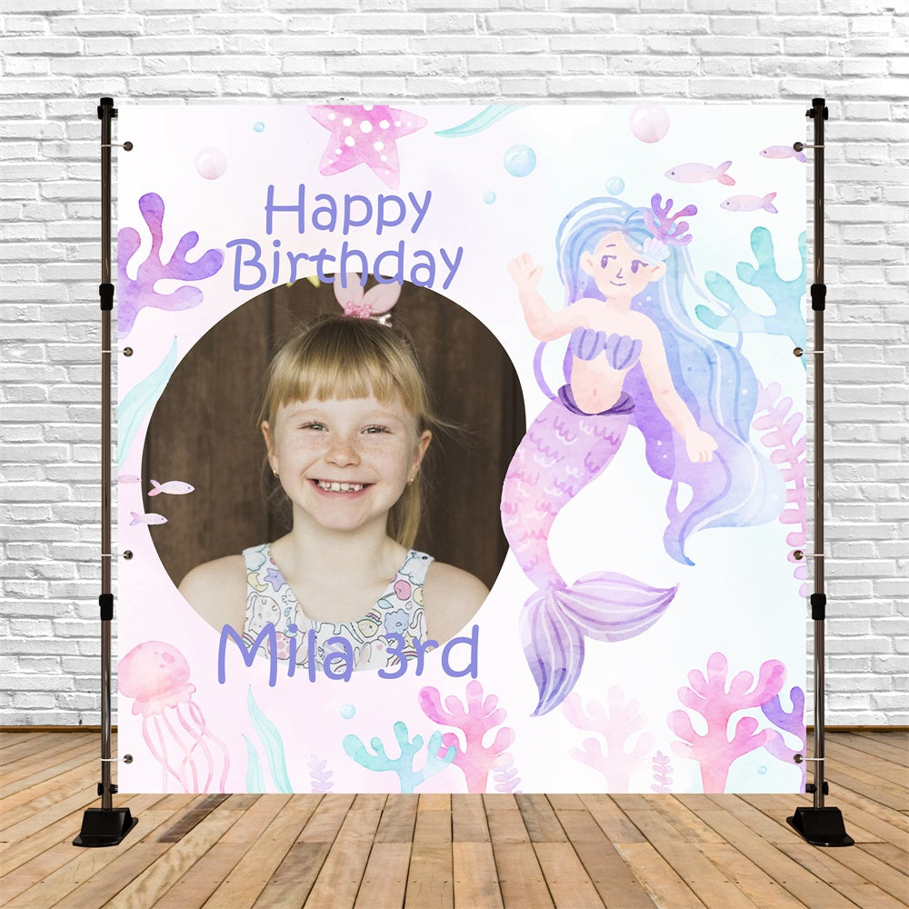 Toile de fond Anniversaire Personnalisé Sirène Aquarelle 3e BRP5-130
