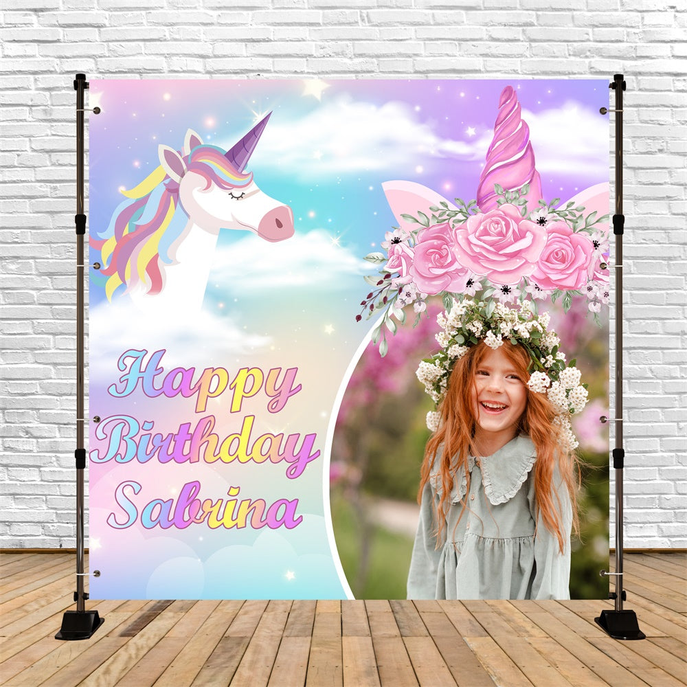 Toile de fond Anniversaire Personnalisé Licorne Fleurie de Rêve BRP5-150